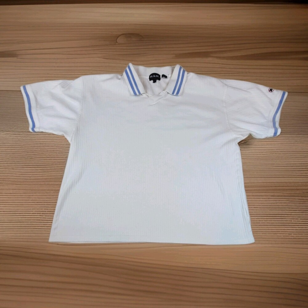 RAM Polo Shirt Mens Extra Large White Blue Striped Collar Short Sleeve Athletic